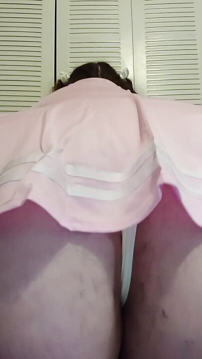 Thick BBW rides big realistic dildo in a pink babygirl cheer dress