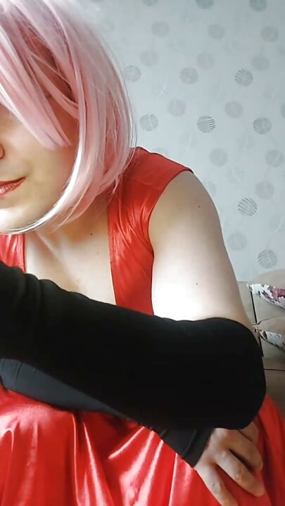 Pinky Wig, Red Dress, Black Tights and a White Femboy