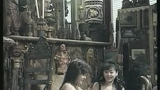 Brunette asian and her caucasian girlfriend getting both holes fucked