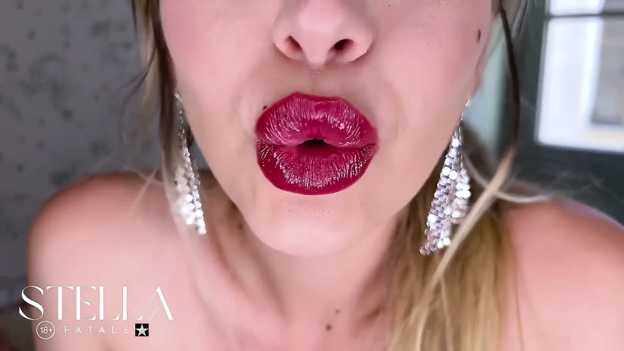 Cherry Red Lipstick Lips Tease Kisses to Camera