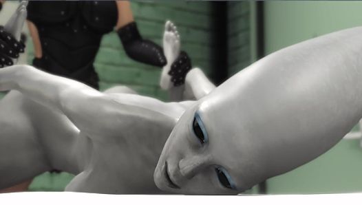 Female alien in a jail gets fucked hard by a hot dickgirl