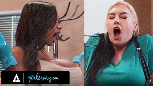 GIRLSWAY - Tia Maria дает BFF Kali Roses медицинский осмотр фейковой киски и заставляет ее сквиртовать на медсестру Куби Томпсон