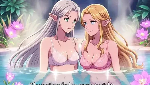 Two beautiful lesbian elves share an intimate night in a magical hot springs