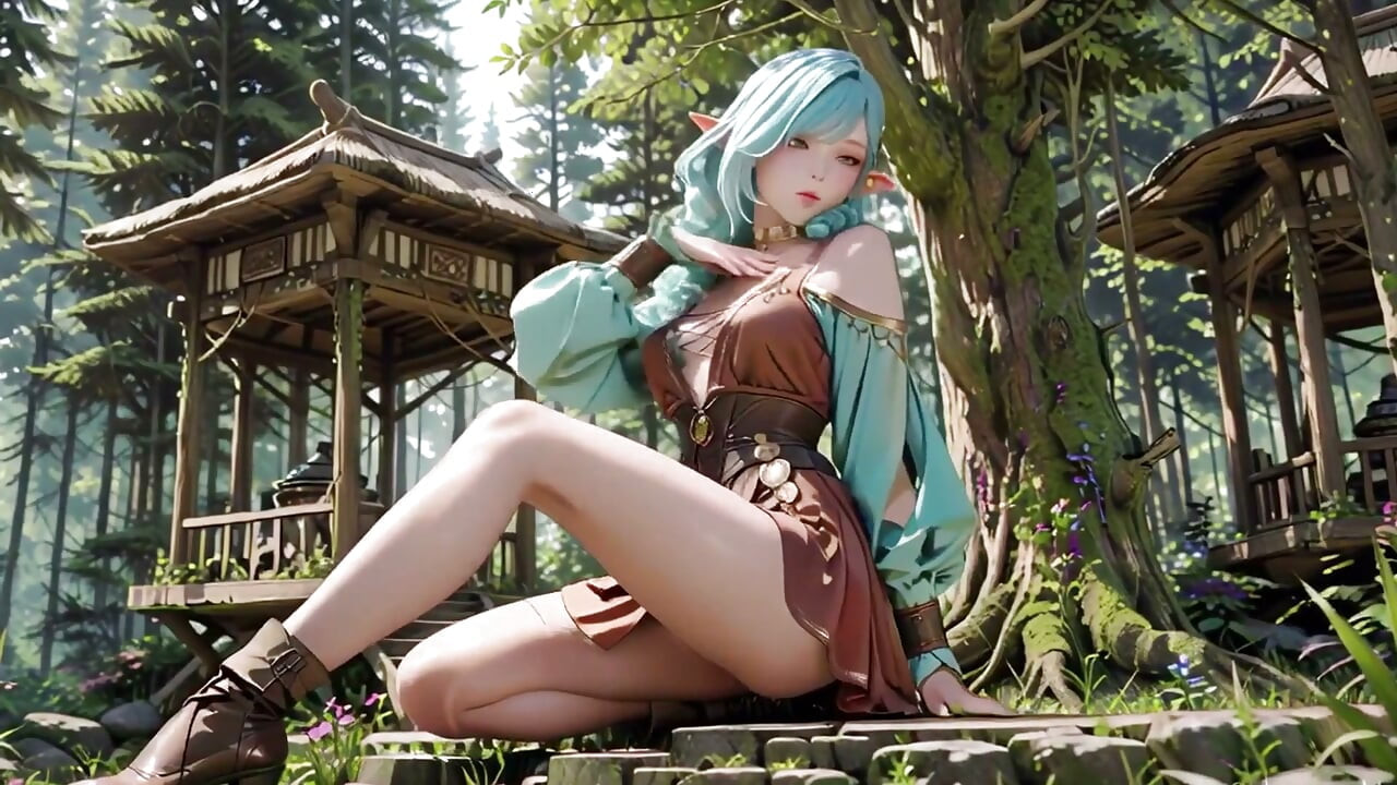 숲 판타지! 개인 산책을 즐기는 녹색 머리의 마지 &, 블루 엘프