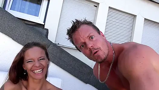 Lovely redhead chick fucked in her shaved pussy outdoor