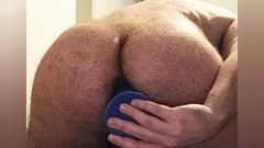 Hairy chastity locked bear rides dildo til he cums 