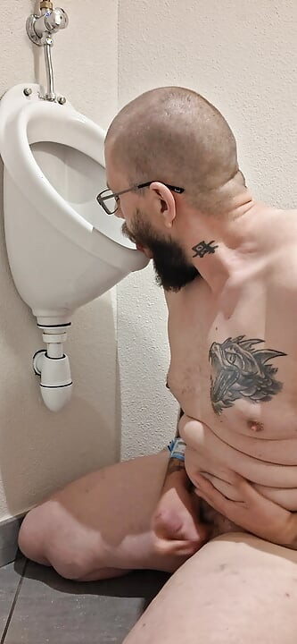 Public urinal licking squirt in
