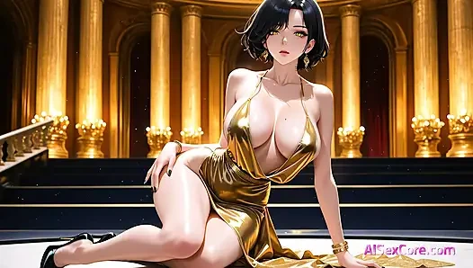 Dewi emas panggung yang kosong berlutut untuk seks kotor dan mendapat sorotan wajah tebal (AI Animation)