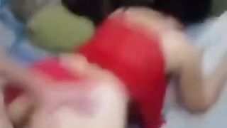 Vika in red shorts fucks her husband on a smartphone