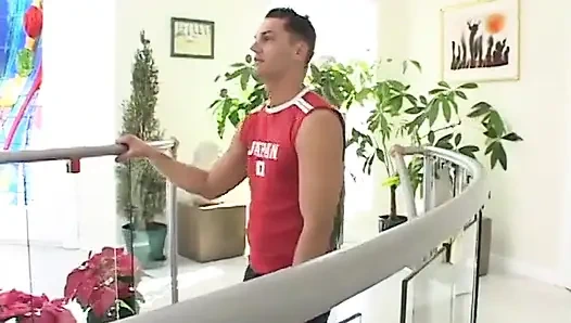 Two guys train and fuck brunette in sexy lingerie