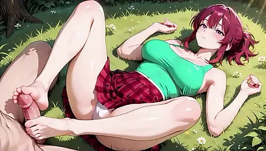 Возбужденная рыжая в лесу глубоко заглатывает до густого перелива спермы