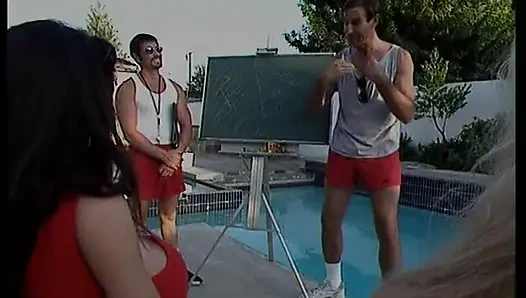 Stud Fucks Hairy Pussy and Ass of Brunette with Giant Melons Then Cums on Her Them