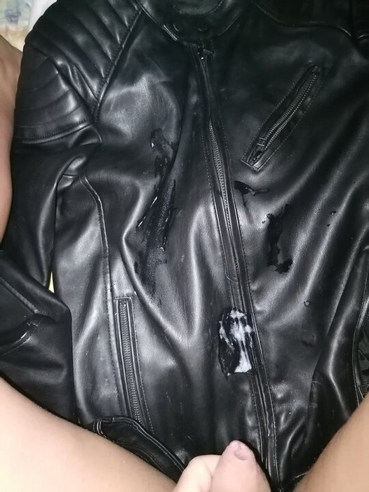 Cum in on a black leather jacket.