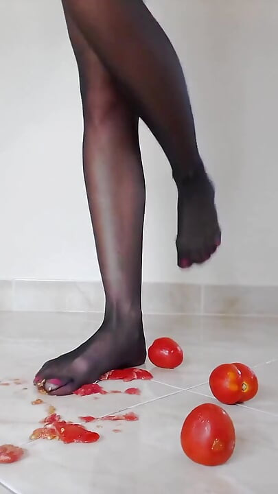 Tomato Crushing in Black Pantyhose