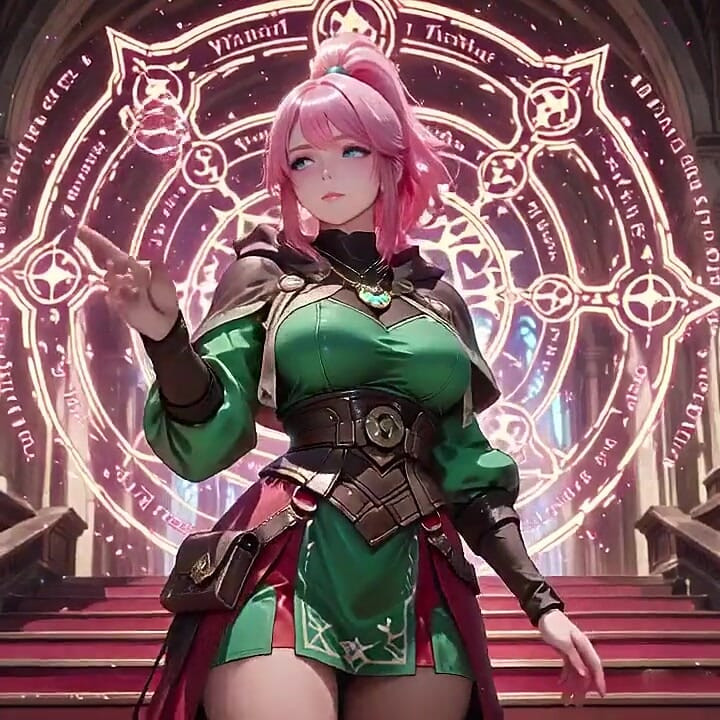 Deep Squat Teasing Under the Giant Magic Array, Green Battle Gear Stretched Tight.