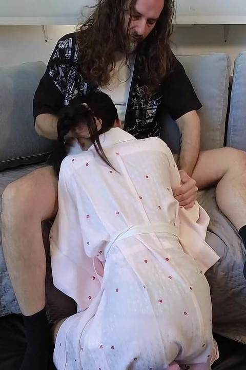Young Asian Babe in a Pink Kimono Rides Stepdad's Dick and Makes Him Cum