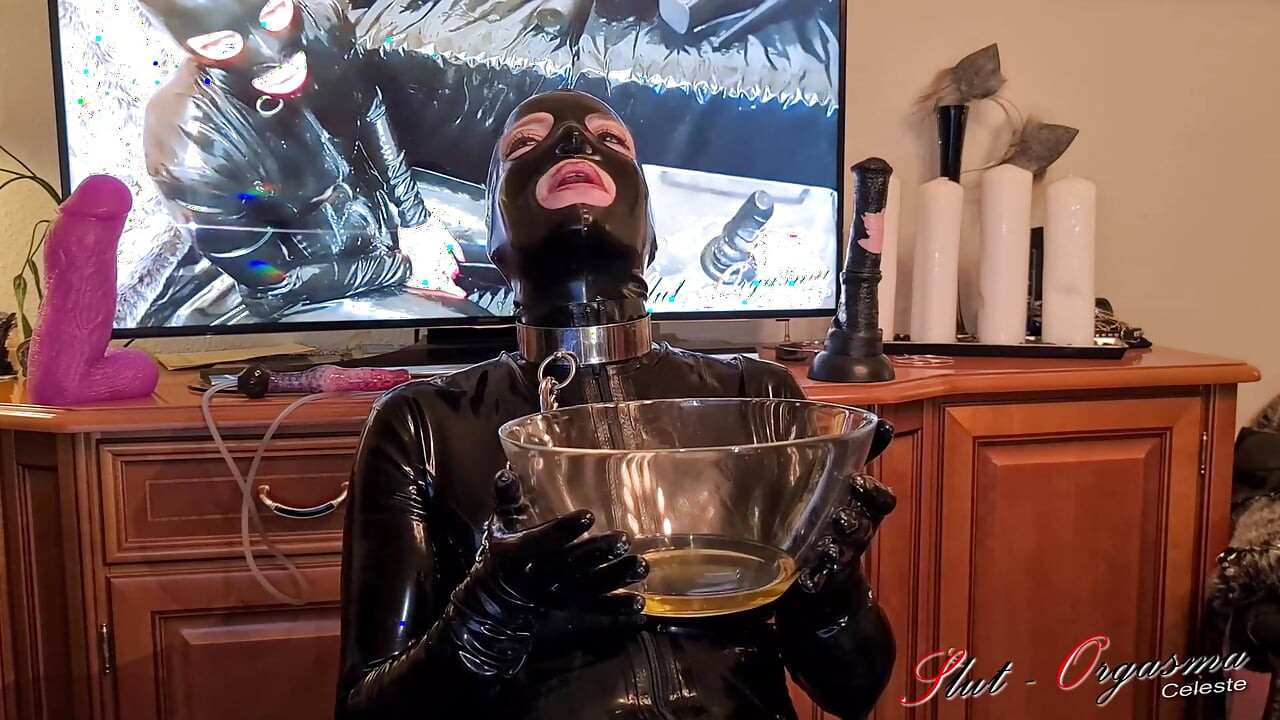 Slut-Orgasma Celeste Full Latex Sloppy Deep Throat Training, Pissing Piss Drinking and Squirting