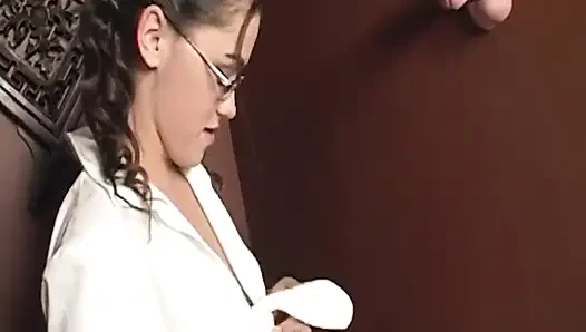 Brunette Babe Worships Gloryhole Cock with Wet Tongue