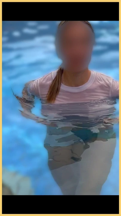 Wifey wet shirt in the pool with perfect braless tits