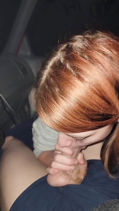 Cute babe gives my huge dick a hot blowjob in the car
