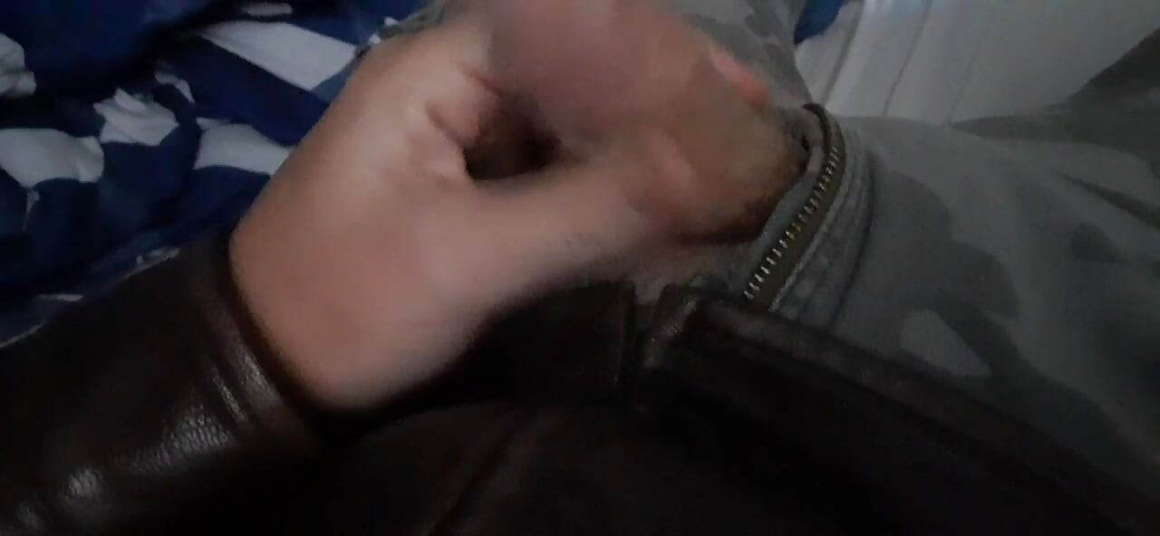 Biker blows his load on his leather jacket
