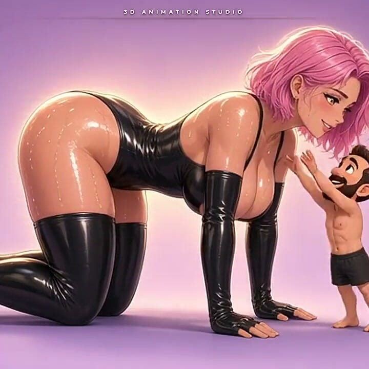Anime Latex Giantess on All Fours Lets Her Heavy Milky Tits Hang Over a Tiny Man