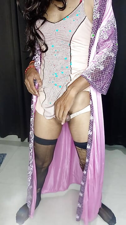 Pink satin nighty and tit bra panty Looking so sexy