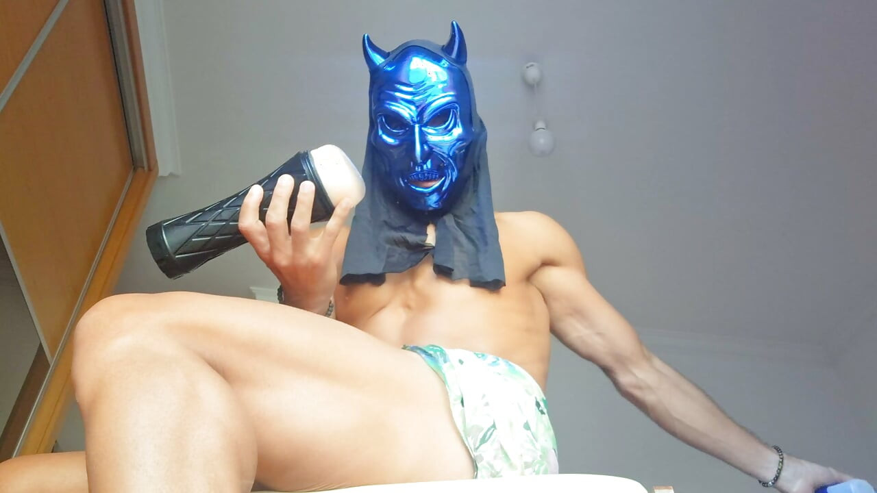 Blue Monster Mask Halloween Solo - Hard Cock Pounds Fleshlight Until Cumshot Inside