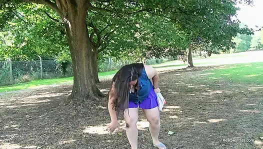 Short and thick brunette outdoor pising and public flashing