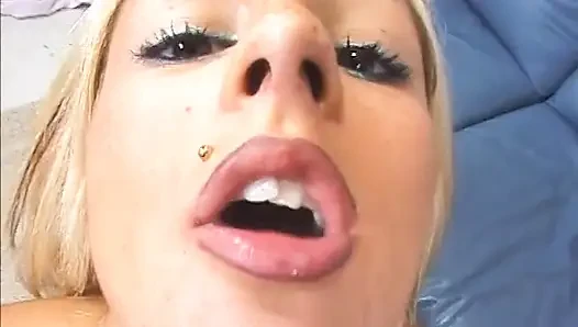 Hot teen eats load from a man after getting her tight holes smashed on the sofa