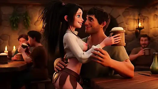 Hot Sensual Platinum Blonde Barmaid Flirty Wild Night In Bustling Medieval Fantasy Tavern With Cheerful Patrons