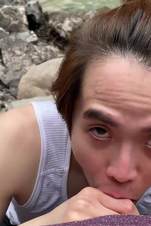 Asian Boy Takes Daddies Load Down by the River While Hiking