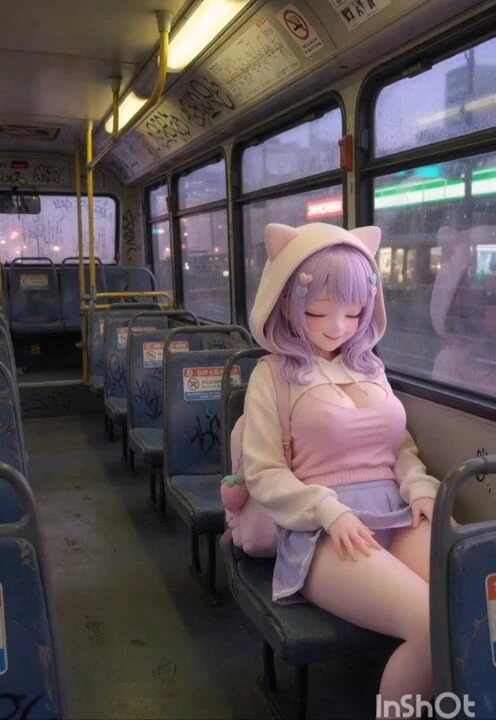 Shy kawaii hentai girl, alone on public bus