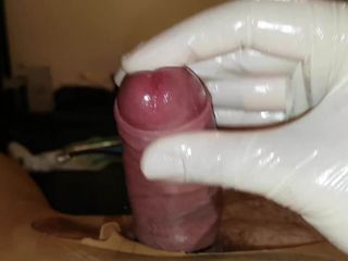 Slow handjob with latex gloves and urethral sounding
