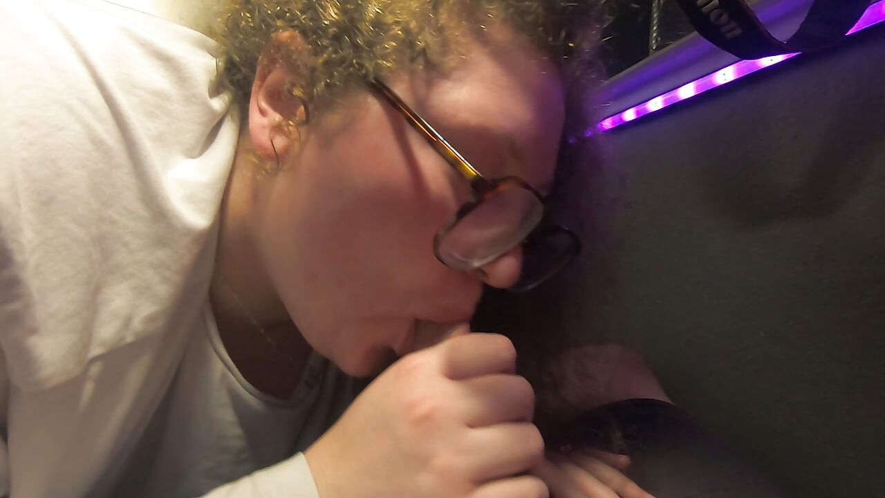 Innocent Chubby white nerd girl with glasses sucks cock and licks up the cum