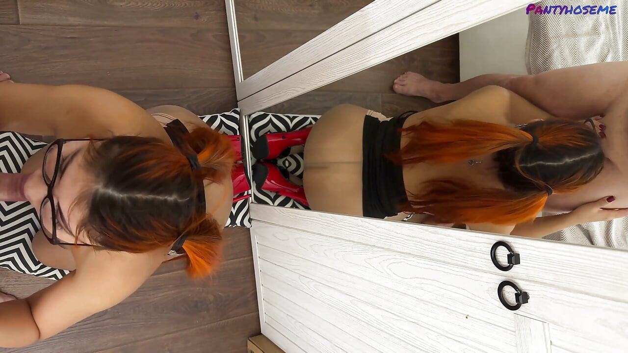Redhead Pigtails, Glasses and Pantyhose and High Heels Sucking Cock POV