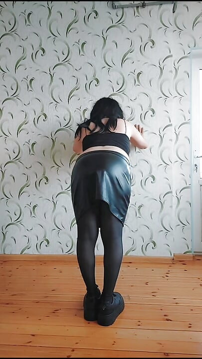 Pretty Gothic Princess Femboy in Leather Skirt and Hot Tights Sweet Attractive Body