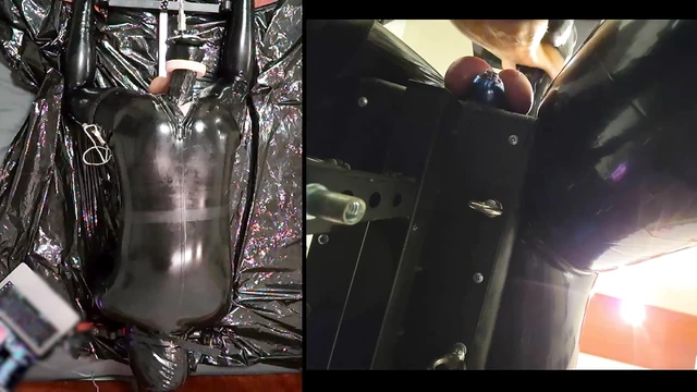 Session in the pillory with Latex Catsuit, PA Chastity, Giant Didildo and Estim
