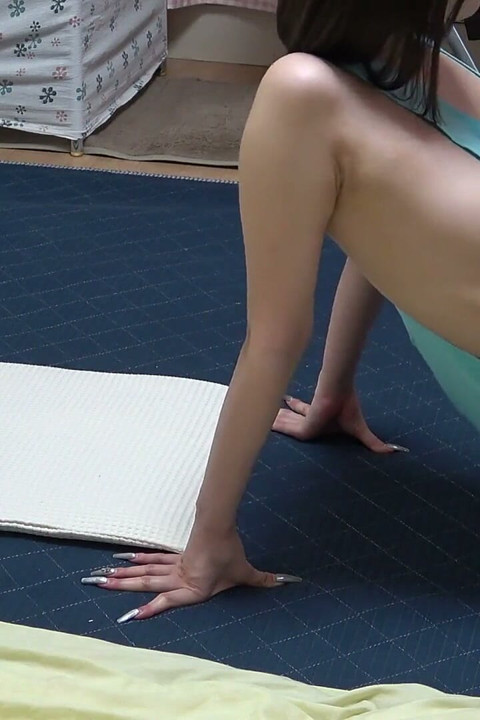 Tits and Panties Fully Visible Workout. Indoor Camera in Apartment of Skinny Japanese Girl Wearing Micro-mini Skirt and No Bra
