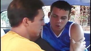 Two Horny Twinks Suck Their Hairy Cocks in the Car and Pound Their Tight Assholes Outside
