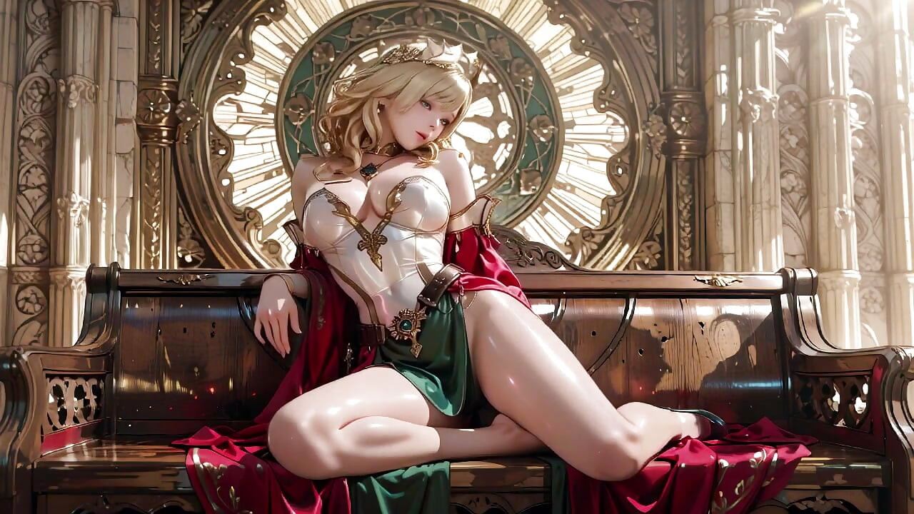 Blonde Angel Queen! Sacred kneeling in a grand cathedral, the green robe barely hiding her soft curves. She glances back shyly.