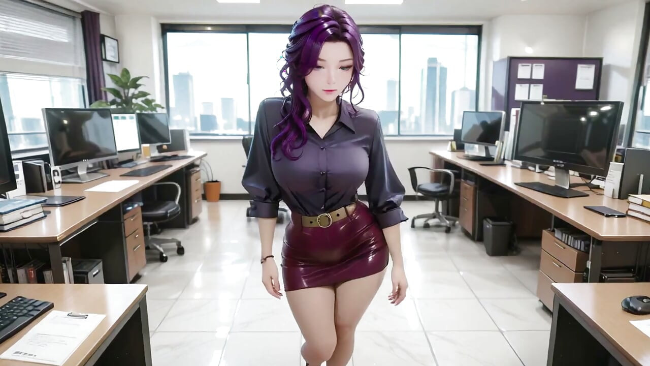 Chefe de cabelo roxo, tabu no escritório! Camisa escura, saia vinho tinto, a responder a emails enquanto provoca a câmara.