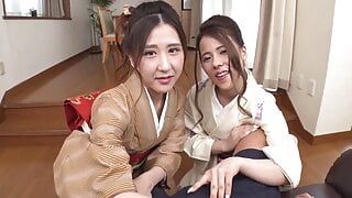 Ciel Hiiragi и Emi Sakurai :: красивые шлюшки в кимоно: тройничок и 2 камшота - Caribbeancom