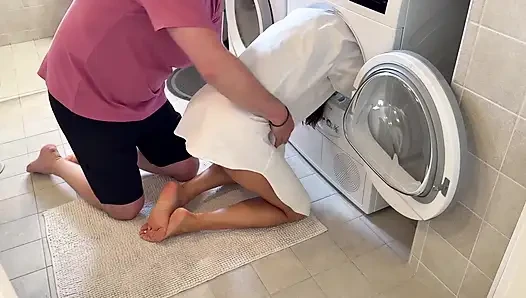 Cute Wife Gets Her Head Stuck in the Dryer and Gets Good Help to Get Out