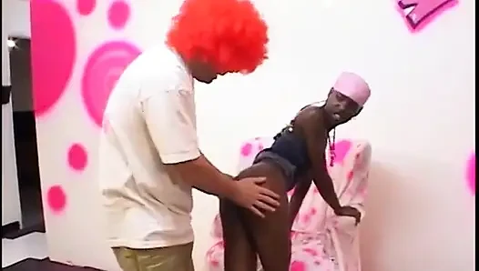 A pretty ebony small-titted babe stands astride and gets dick inside