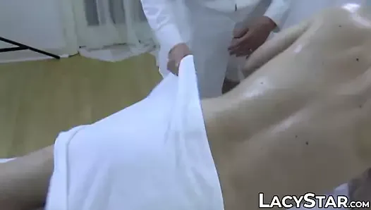 British GILF masseuse gives sloppy head before banging hard