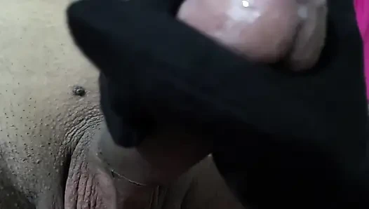 Indian wife uses hand gloves to masturbate husband and gets fucked in missionary, Shaved Indian pussy with shaved Husband