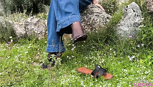 Greek Mountain Wild Footjob with Sweaty Nylon Feet - Outdoor Cum on Soles