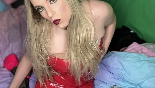 Hot and Sexy Curvy UK Tgirl Sophie Strokes her Cock in a Pair of 7 inch Pleasers and a Hot Red Dress