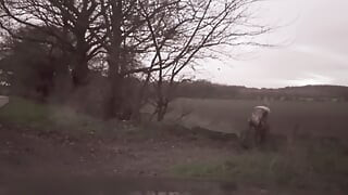 Wanking  in body stocking dodging cars that pass by